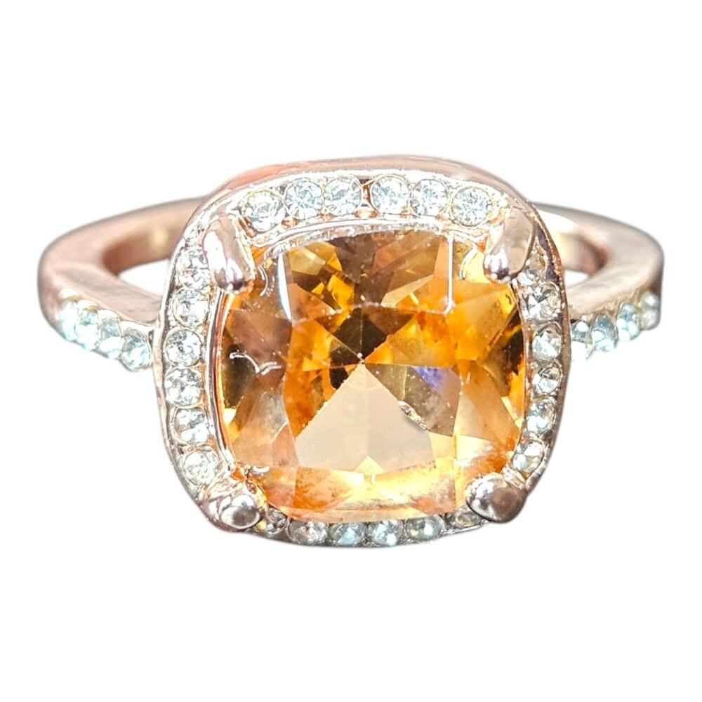NEW Women's Rose Gold Tone Cushion Cut Champagne Crystal Halo Ring (Size 9)